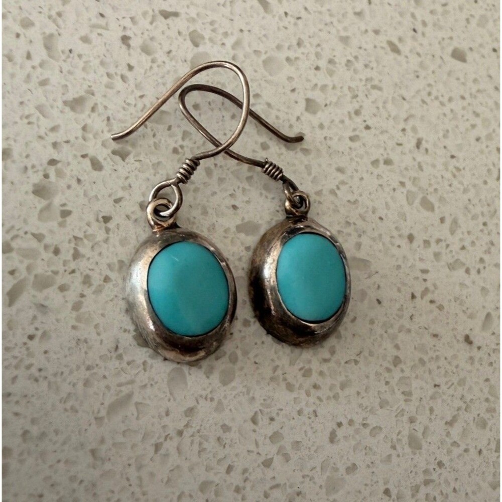 Vintage 925 Sterling Silver Turquoise Cabochon Drop Earrings